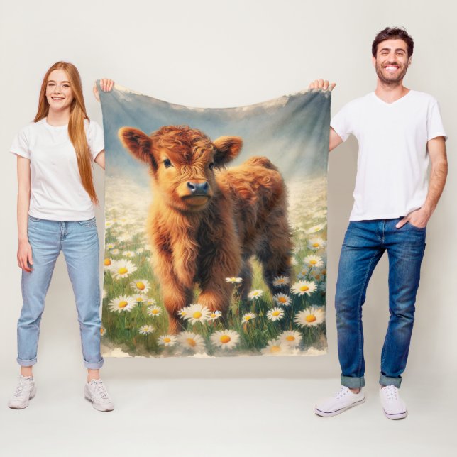 Watercolor Highland Cow Calf Daisy Field Fleece Blanket (In Situ)