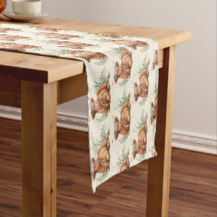 Watercolor Highland Cow Floral Crown Cottagecore Short Table Runner