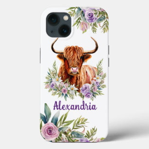 Watercolor Highland Cow Flower Personalise Name iPhone 13 Case