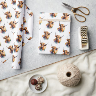 Watercolor Highland Cow Pattern Wrapping Paper