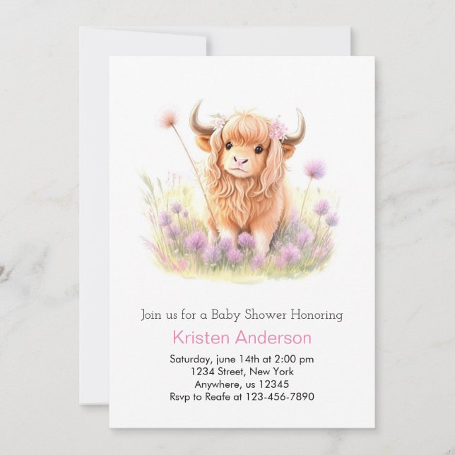 Watercolor Highland Cow Whimsical Girl Baby Shower Invitation (Front)