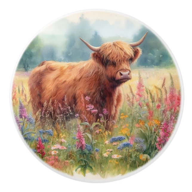 Watercolor Highland Cow Wildflower Field Ceramic Knob (Front)
