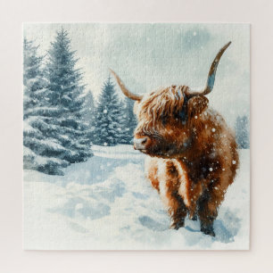 Watercolor Highland Cow Winter Scene Jigsaw Puzzle