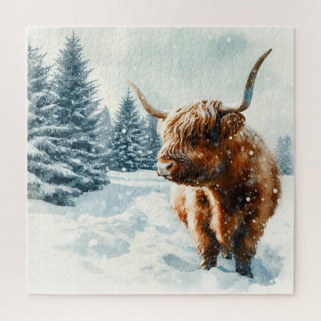 Watercolor Highland Cow Winter Scene Jigsaw Puzzle (Vertical)