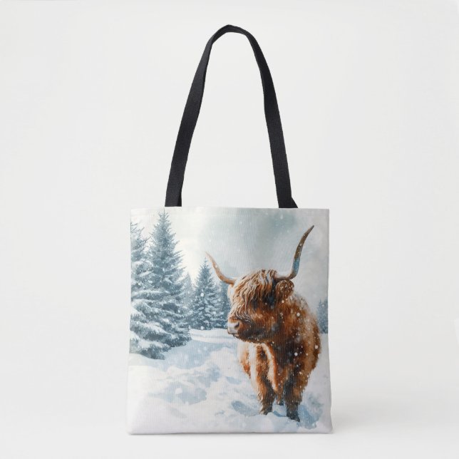 Watercolor Highland Cow Winter Scene Tote Bag (Front)