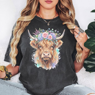 Watercolor Highland Cow With Floral Crown Art T-Shirt
