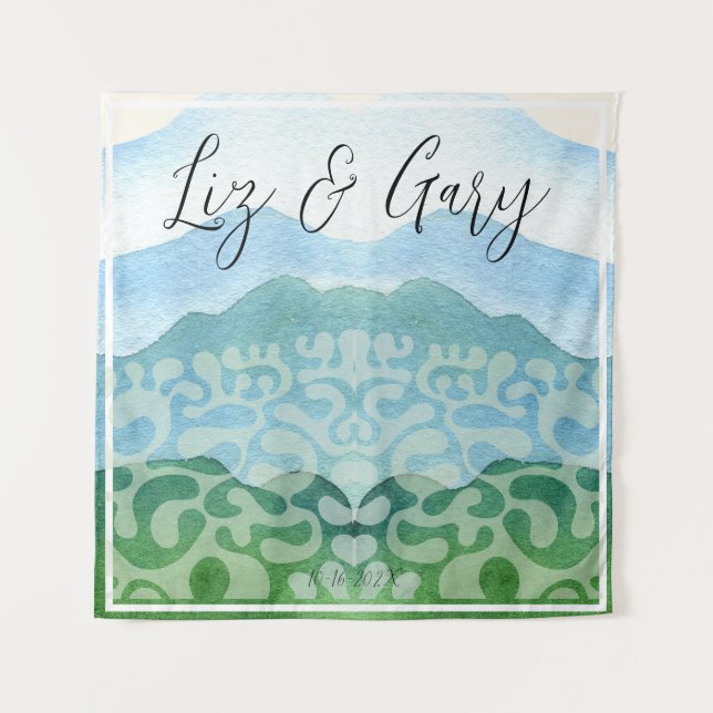 Watercolor Hills BBQ Wedding Backdrop  Tapestry (Front)