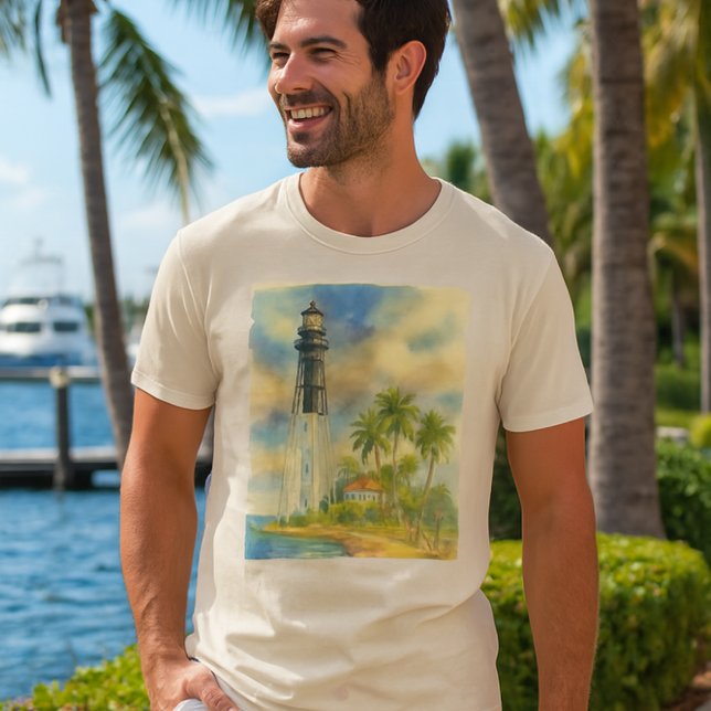 Watercolor Hillsboro Inlet Lighthouse Florida   T-Shirt (relaxed Florida vibe with a man wearing Hillsboro  lighthouse watercolor tee)