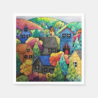 Watercolor Hillside Village With Colorful Houses