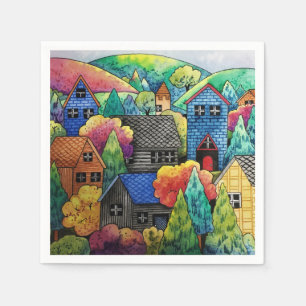 Watercolor Hillside Village With Colorful Houses Napkin