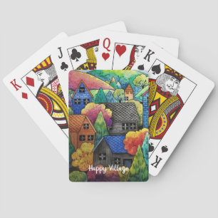 Watercolor Hillside Village With Colorful Houses Playing Cards