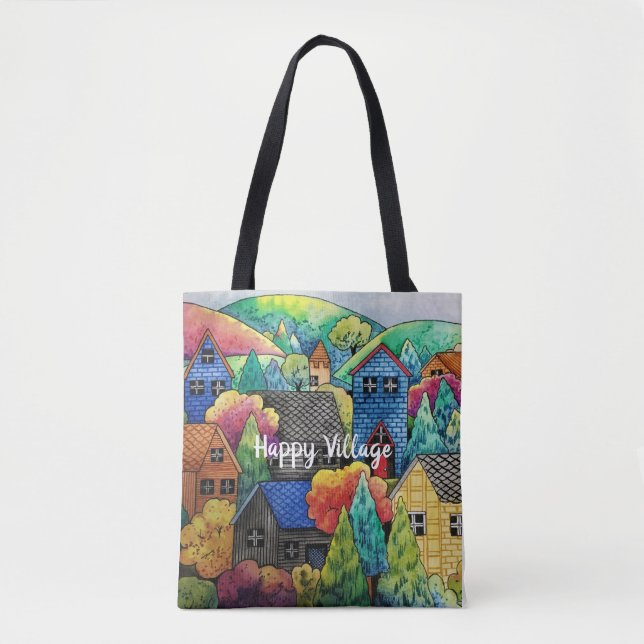 Watercolor Hillside Village With Colorful Houses Tote Bag (Front)