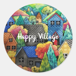 Watercolor Hillside Village With Colourful Houses Classic Round Sticker
