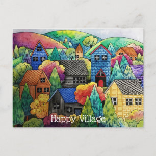 Watercolor Hillside Village With Colourful Houses Postcard