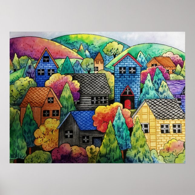Watercolor Hillside Village With Colourful Houses Poster (Front)