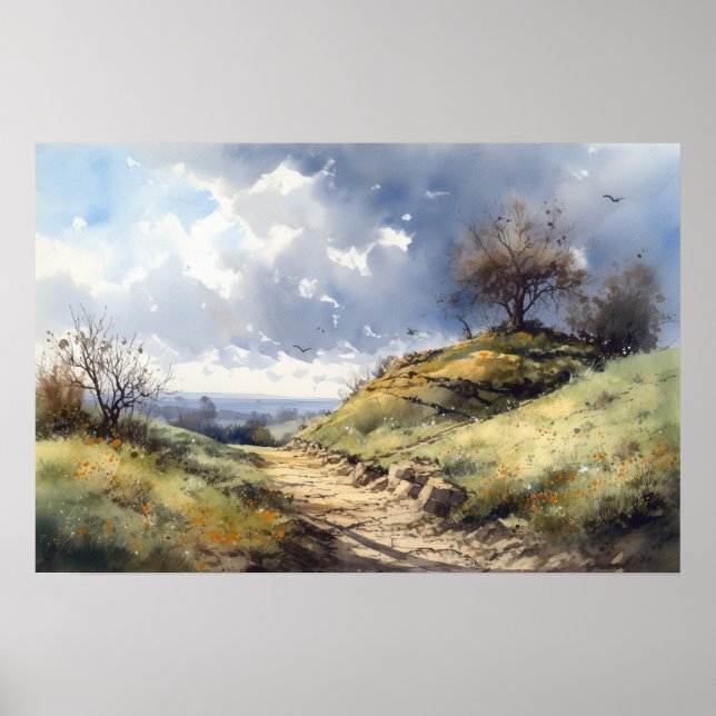 Watercolor hilltop meadow winding path blue sky poster (Front)