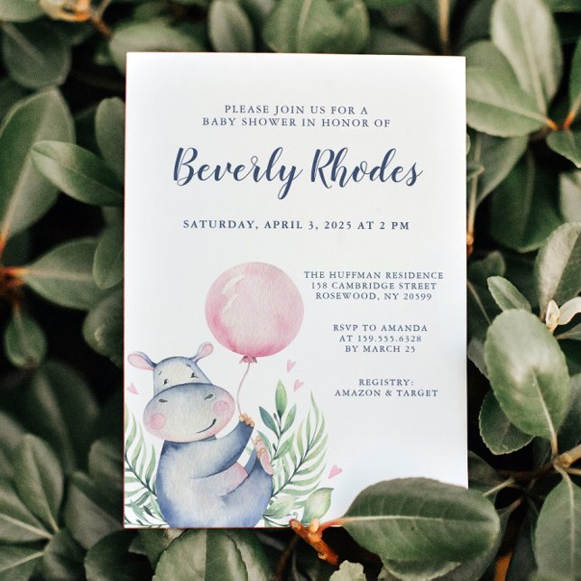 Watercolor Hippo Baby Shower Invitation (Sweet Watercolor Hippo with Pink Balloon Baby Shower Invitation)