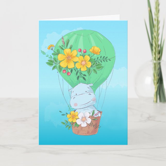 Watercolor Hippo in Hot Air Balloon Birthday Card (Front)
