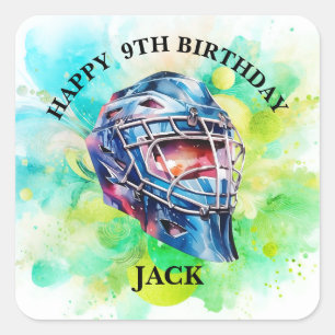 Watercolor hockey birthday party helmet template square sticker
