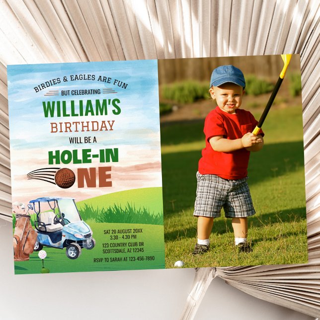 Watercolor Hole in One Golf 1st Birthday Photo Invitation (Creator Uploaded)