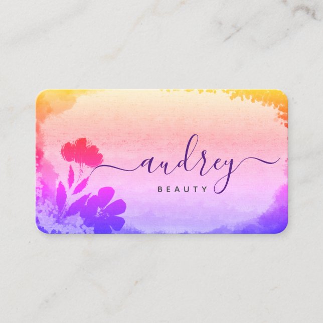 Watercolor Holgraphy Pink and Purple Floral Business Card (Front)