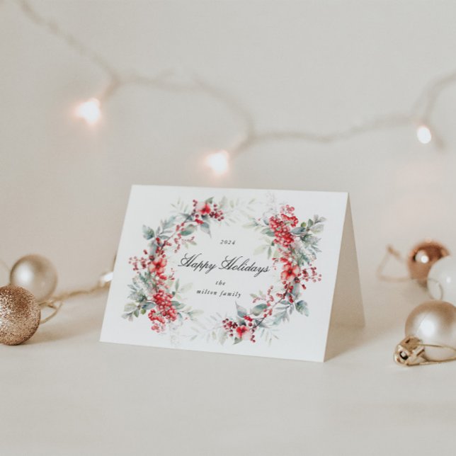 Watercolor Holiday Berries Wreath Folded Holiday Card (Creator Uploaded)