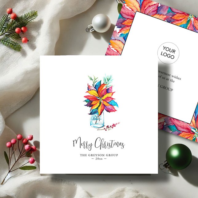 Watercolor Holiday Cards Vibrant Poinsettia (Business Christmas cards with logo watercolor poinsettia art by Victoria Grigaliunas Do Tell A Belle)