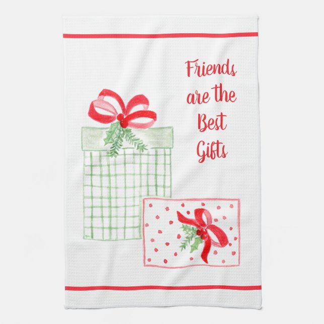 Watercolor Holiday Friends are the Best Gifts Tea Towel (Vertical)