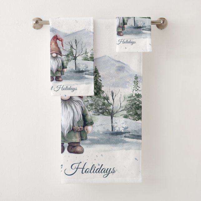 Watercolor Holiday Gnome Bath Towel Set (Insitu)
