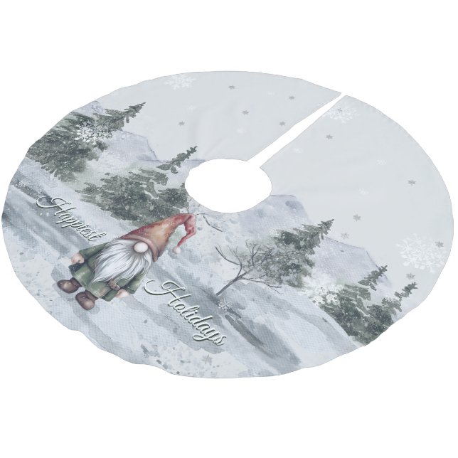 Watercolor Holiday Gnome Brushed Polyester Tree Skirt (Angled)