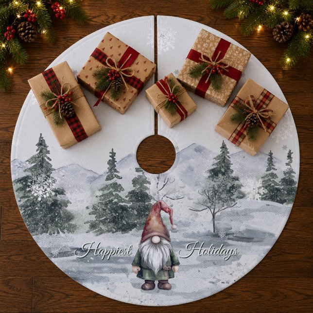 Watercolor Holiday Gnome Fleece Tree Skirt (Watercolor Holiday Gnome Christmas Tree Skirt)