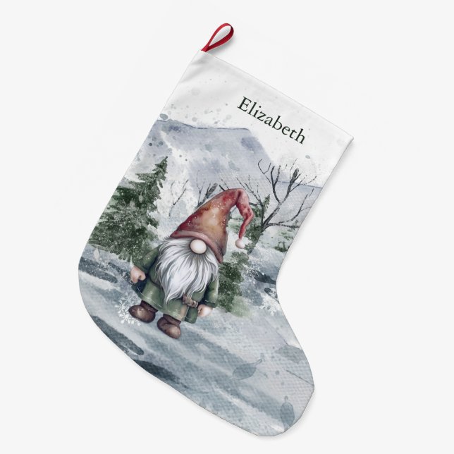 Watercolor Holiday Gnome Personalised Large Christmas Stocking (Front (Hanging))