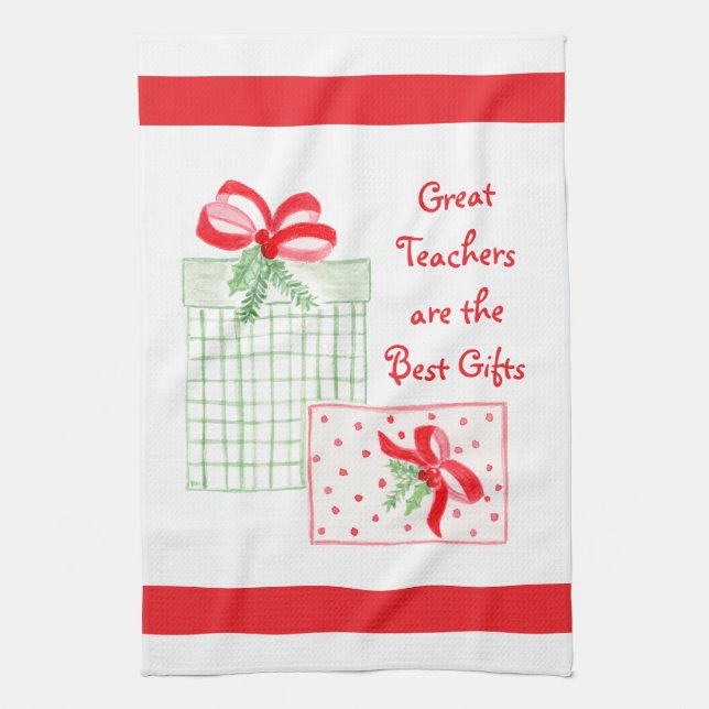 Watercolor Holiday Great Teachers Best Gifts Tea Towel (Vertical)