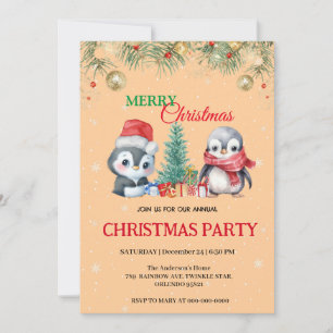 Watercolor Holiday Penguin Santa Christmas Party Invitation