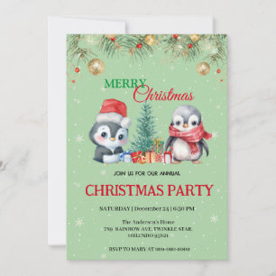 Watercolor Holiday Penguin Santa Christmas Party Invitation