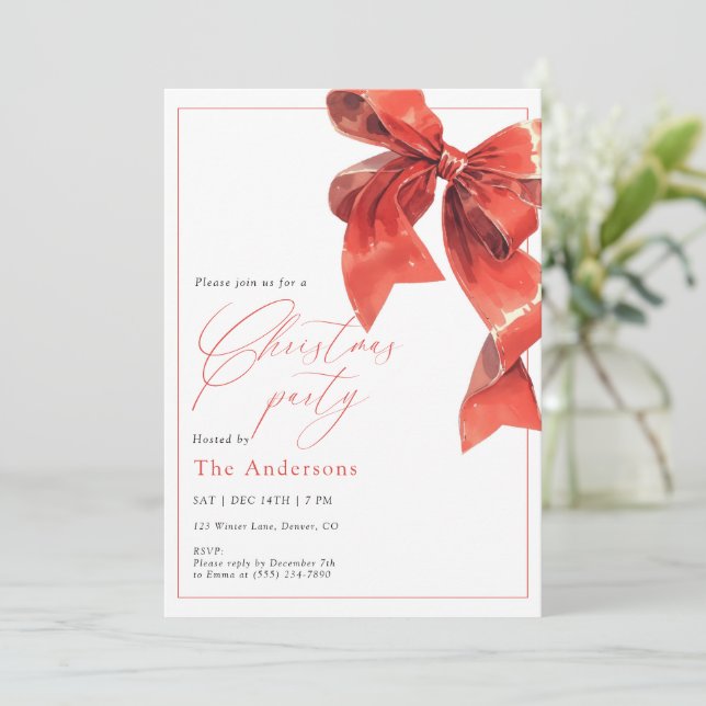 Watercolor Holiday Red Bow Christmas Party Invitation (Standing Front)