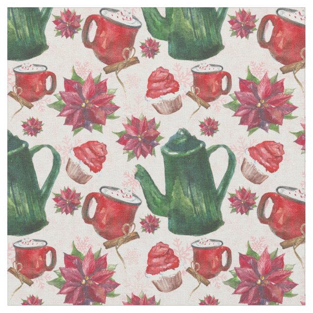 watercolor Holiday Tea Party Fabric (Close Up)