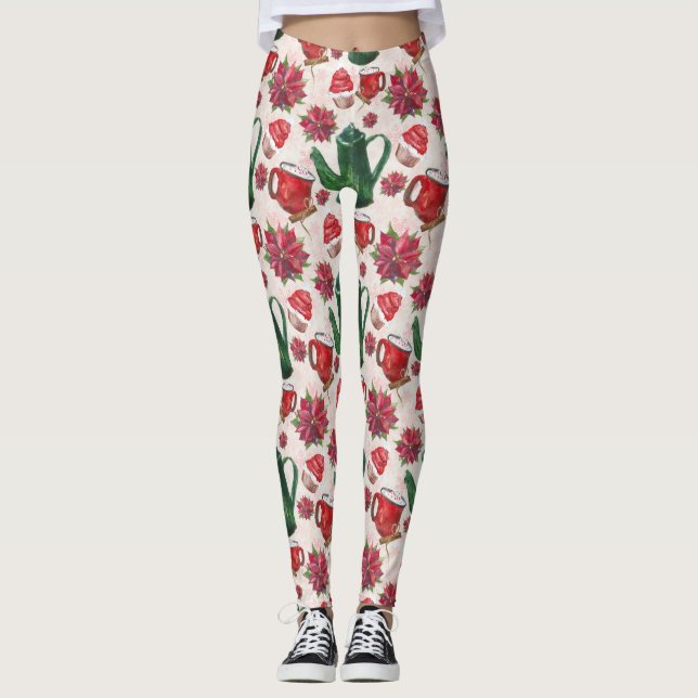 watercolor Holiday Tea Party Leggings (Front)