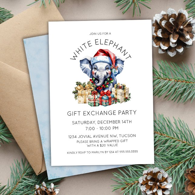 Watercolor Holiday White Elephant Gift Exchange Invitation (cute watercolor white elephant gift exchange party invitation for holiday christmas office parties)