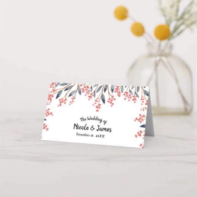 Watercolor Holiday Winter Berries Wedding Table Place Card (Front)