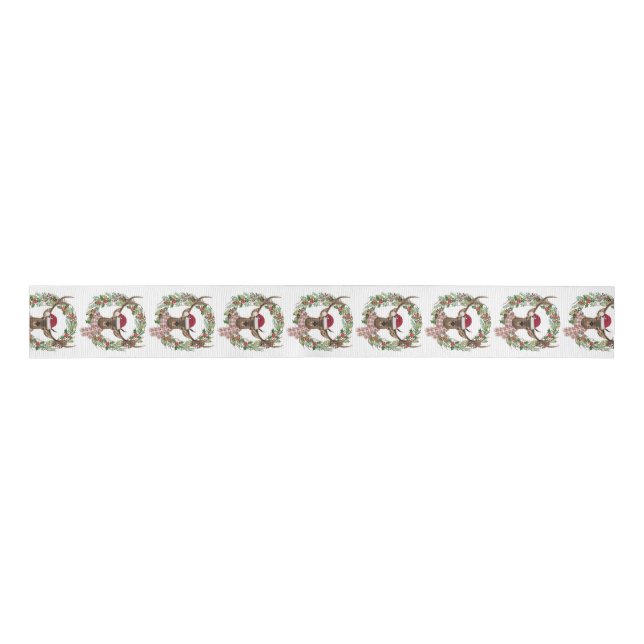 Watercolor holiday wreath with deer head grosgrain ribbon (Front)