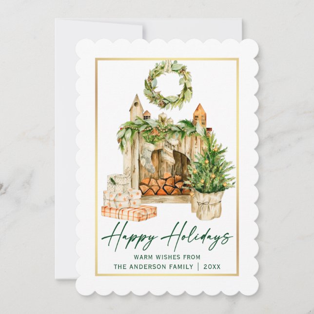 Watercolor Holidays Calligraphy Ink Gold Frame Holiday Card (Front)