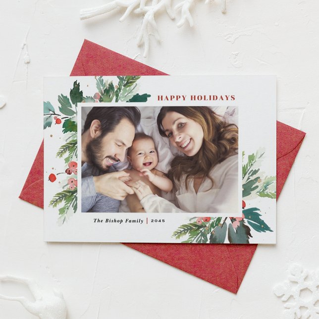 Watercolor Hollies Faux Gold Foil Botanical Photo (Watercolor Holly and Winter Greenery Photo Happy Holidays Card)