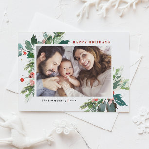 Watercolor Hollies Faux Gold Foil Botanical Photo Holiday Postcard