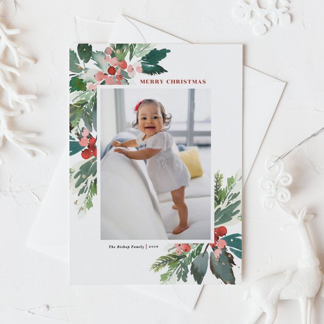 Watercolor Hollies Faux Gold Foil Christmas Photo Holiday Postcard (Watercolor Holly and Winter Greenery Photo Merry Christmas Postcard)
