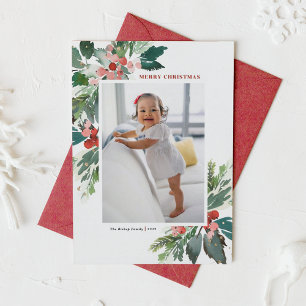 Watercolor Hollies Faux Gold Merry Christmas Photo