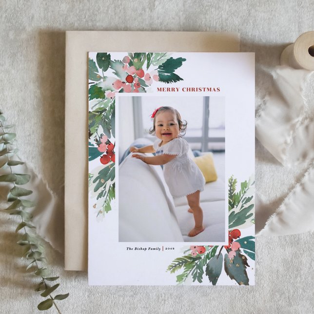 Watercolor Hollies Faux Gold Merry Christmas Photo Holiday Card (Watercolor Holly and Winter Greenery Photo Merry Christmas Card)