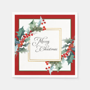 Watercolor Holly and Berries Botanical Christmas Napkin
