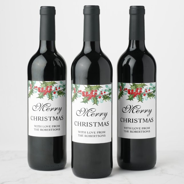 Watercolor Holly and Berries Merry Christmas Wine Label (Bottles)