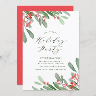 Watercolor Holly and Greenery Holiday Party Invitation